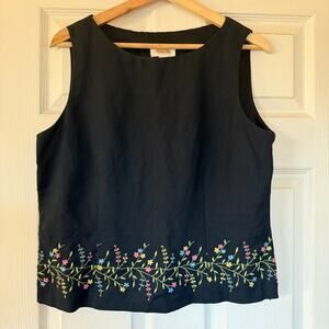 Vintage Talbots Sleeveless Black Linen Blend Top w/ embroidered hem size 12